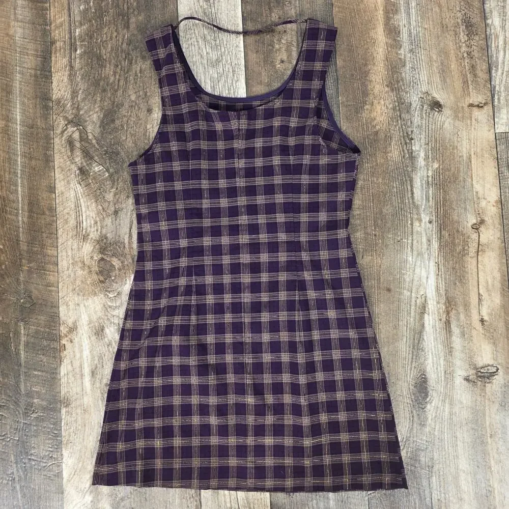 Vintage 90s Purple Plaid Mini Dress Dark Academia Grunge Size Large